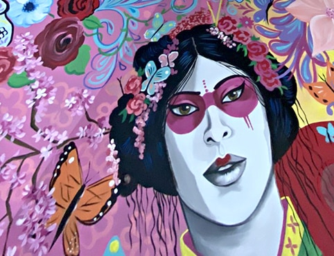 Progress photo of a colorful Day of the Dead inspired ceiling mural featuring roses, multiple sugar skulls, and a dragon in vibrant paint colors including pink, blue, yellow, red, and green. Progress photo of a colorful Day of the Dead inspired ceiling mural featuring roses, multiple sugar skulls, and a dragon in vibrant paint colors including pink, blue, yellow, red, and green.