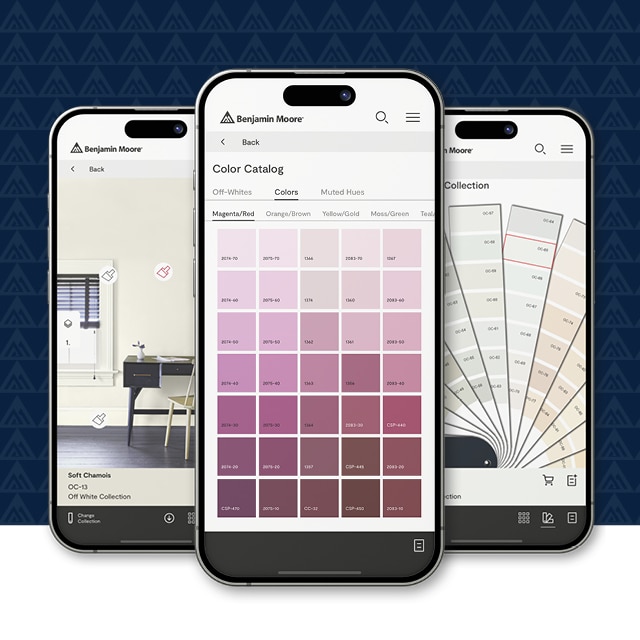 Three smart phones with visuals of the Benjamin Moore Color Portfolio® app. Three smart phones with visuals of the Benjamin Moore Color Portfolio® app.
