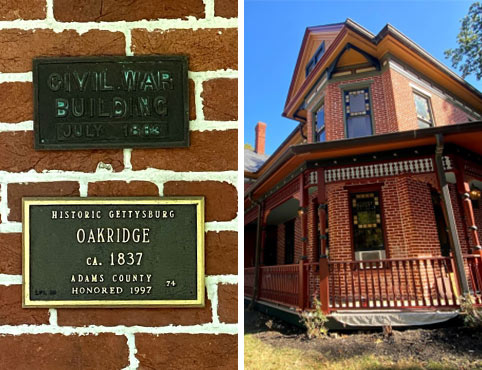 Two images of a Gettysburg historic home exterior, one with a historical plaque, the other showcasing newly painted trim, lattice and railings. Two images of a Gettysburg historic home exterior, one with a historical plaque, the other showcasing newly painted trim, lattice and railings.