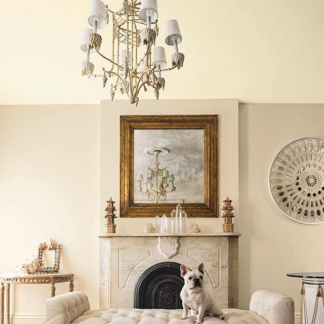 A neutral two-tone painted living room with a greige wall, an off-white ceiling, and a dog sitting on a white settee in front of a marble fireplace. A neutral two-tone painted living room with a greige wall, an off-white ceiling, and a dog sitting on a white settee in front of a marble fireplace.